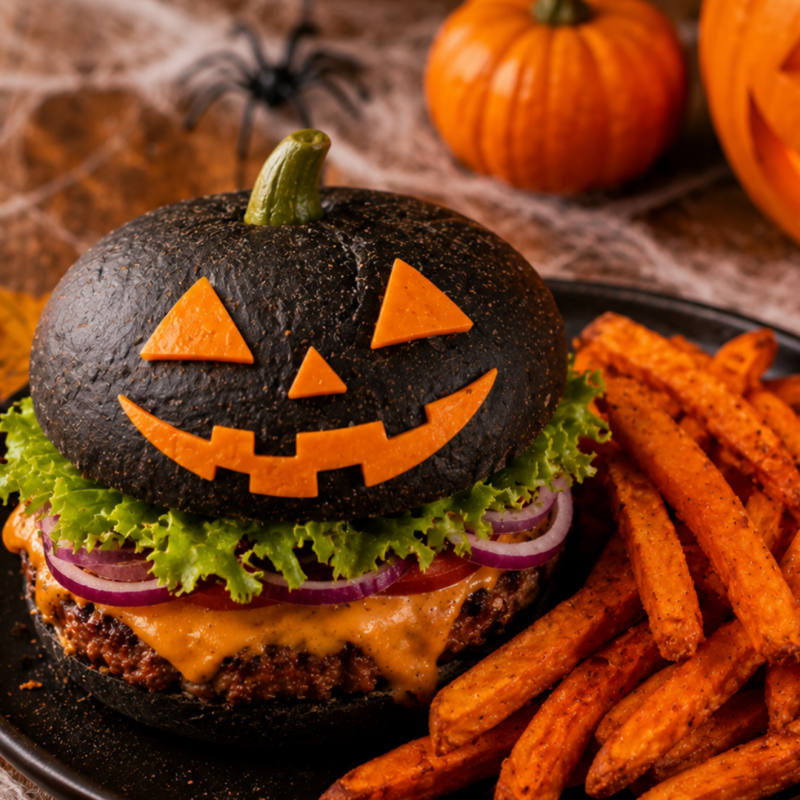 Burger D’Halloween Nos P’tits Chefs 100% Maison & frites oranges