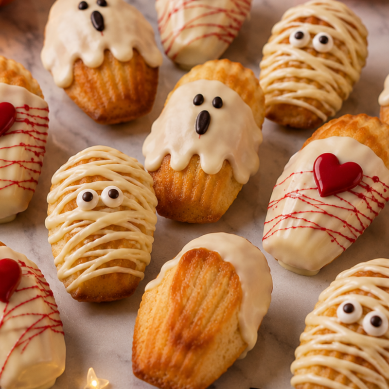 Madeleines déco fantôme & momies, coeur rouge & Chocolat blanc