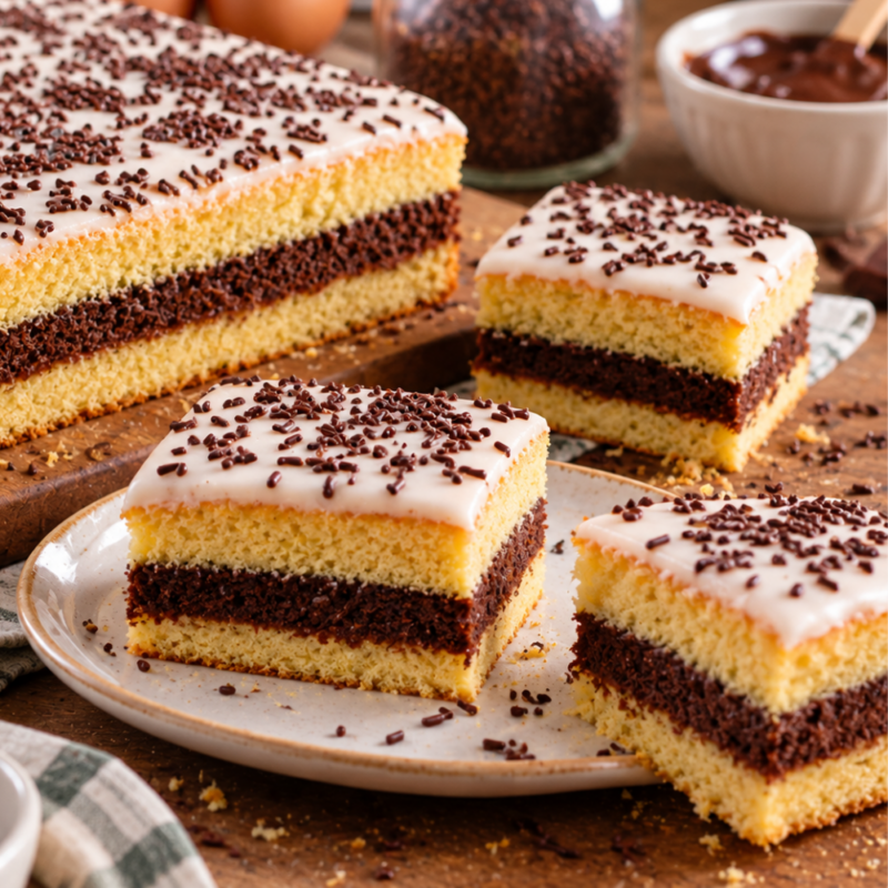 Le Napolitain - Génoise vanille & chocolat, ganache & glaçage blanc.